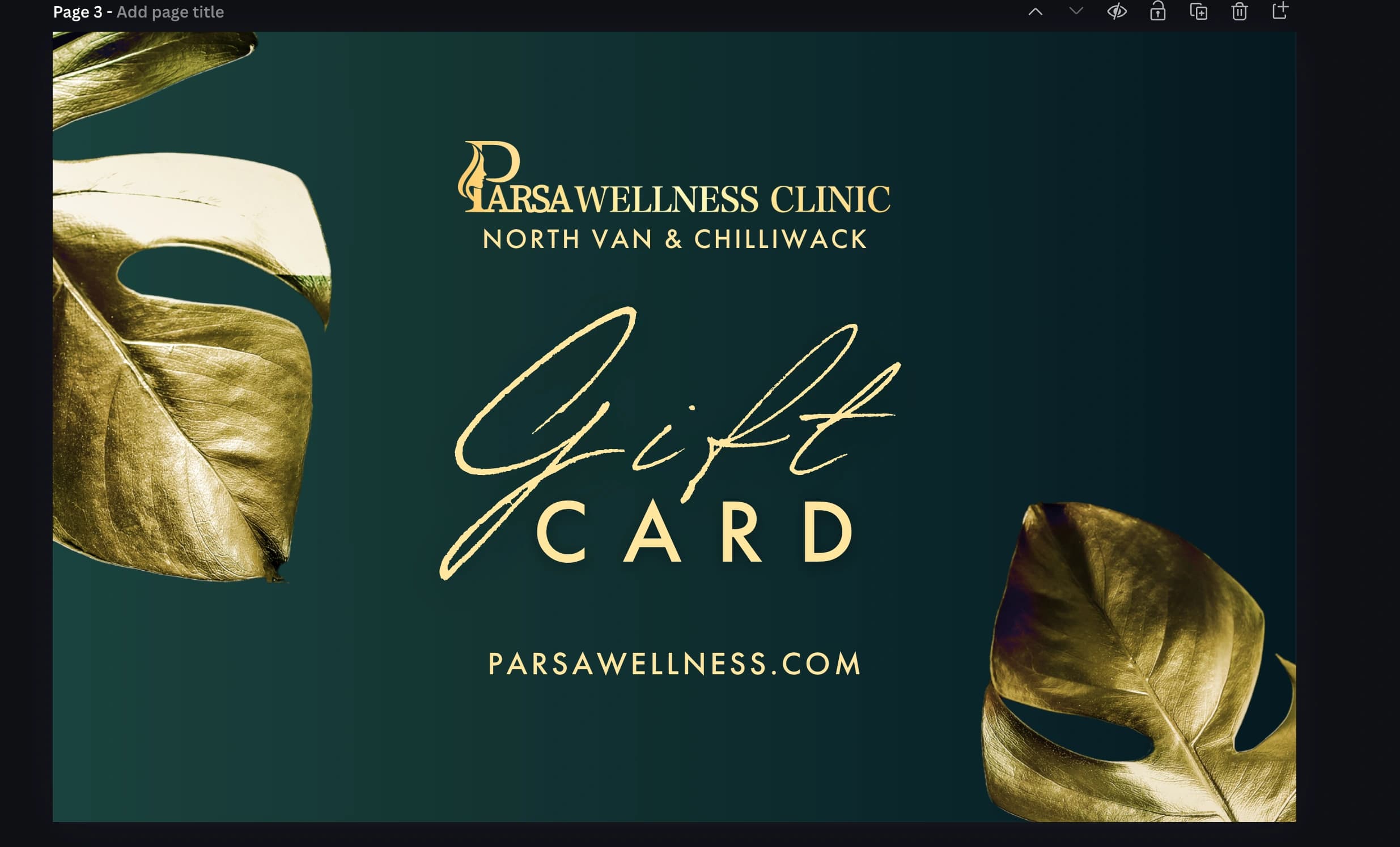 Parsa Wellness Clinic physical gift card with gold botanical leaves on deep green